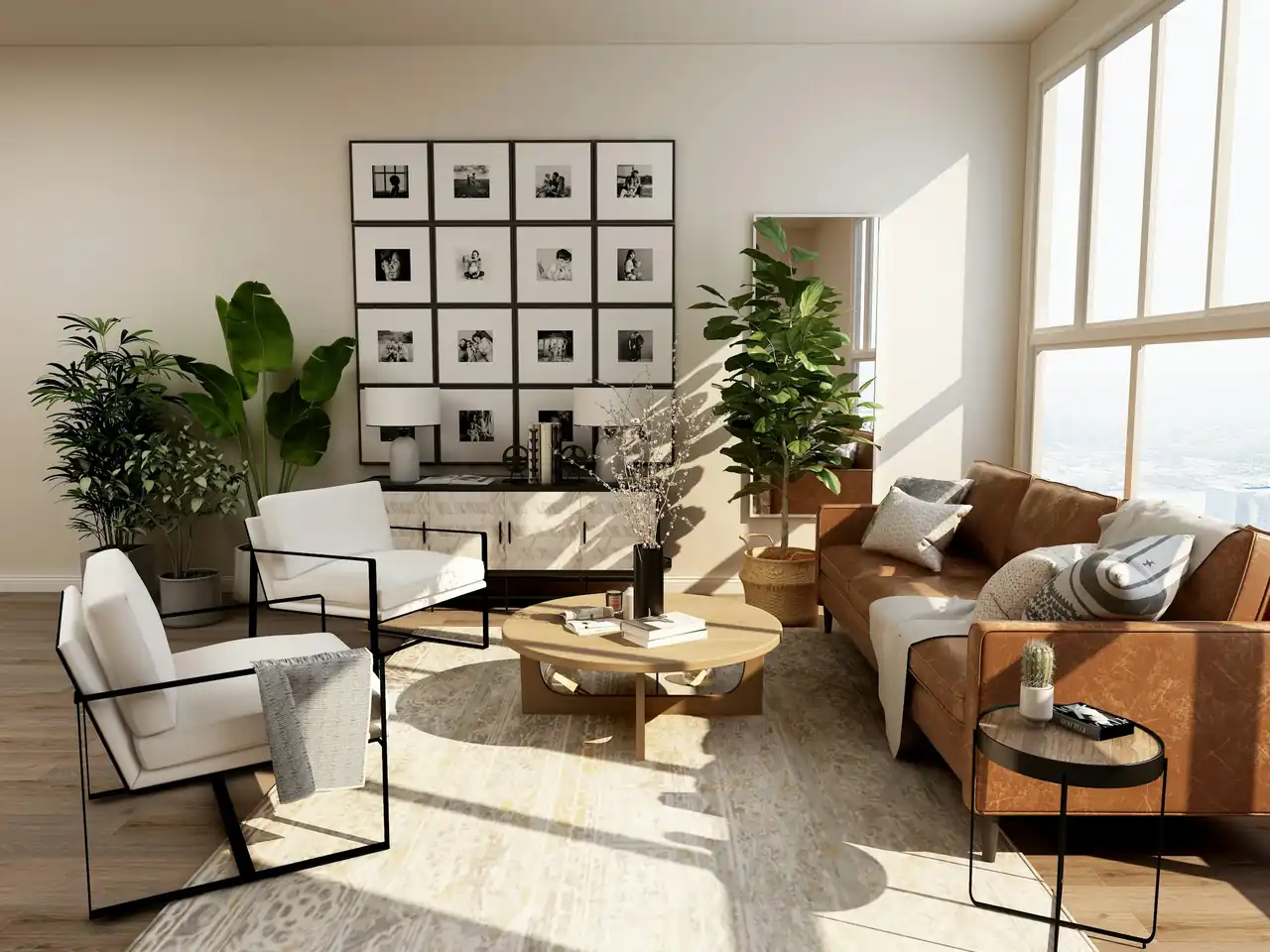 Soft, refined living room with warm natural light